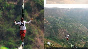 Colombiano impuso récord mundial al caminar a ciegas en una cuerda floja por el cañón del Chicamocha
