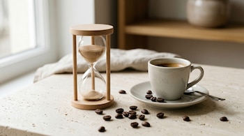 Reloj de arena de madera y vidrio con arena, taza de café con plato y cuchara, granos de café, superficie de piedra, ventana y estante.