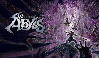 Un guerrero con armadura azul y dorado y una lanza se defiende de una multitud de figuras oscuras y manos amenazantes en un entorno púrpura y tenebroso