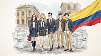 Ilustración acuarela de cinco personajes al estilo de Gossip Girl con uniformes preppy, frente a urnas con "Votación Colombia", un edificio clásico y la bandera de Colombia ondeando.
