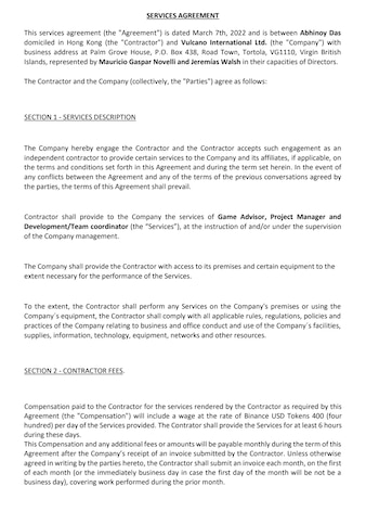 Contrato de Novelli con Abhinoy Das, radicada en Hong Kong para desarrollar el token $Vulcano