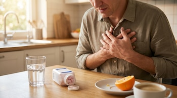 Un hombre de camisa verde se agarra el pecho en una cocina luminosa. En la mesa, un vaso de agua, una botella de pastillas rosas, media naranja y café.