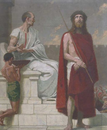 Pintura de Poncio Pilato sentado lavándose las manos con la ayuda de un niño, mientras Jesús de pie con corona de espinas y túnica roja lo observa