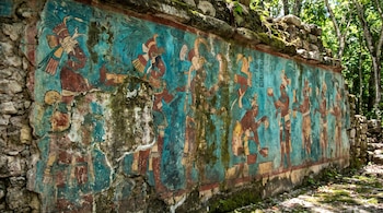 Mural prehispánico maya en una pared de piedra con musgo, mostrando figuras antropomórficas detalladas en tonos azules, ocres y rojos, con follaje de selva al fondo.