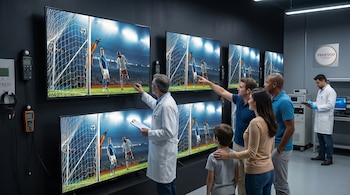 Múltiples televisores LED exhiben un partido de fútbol en una sala de pruebas. Una familia observa, mientras un técnico de PROFECO apunta a una pantalla y otro anota.