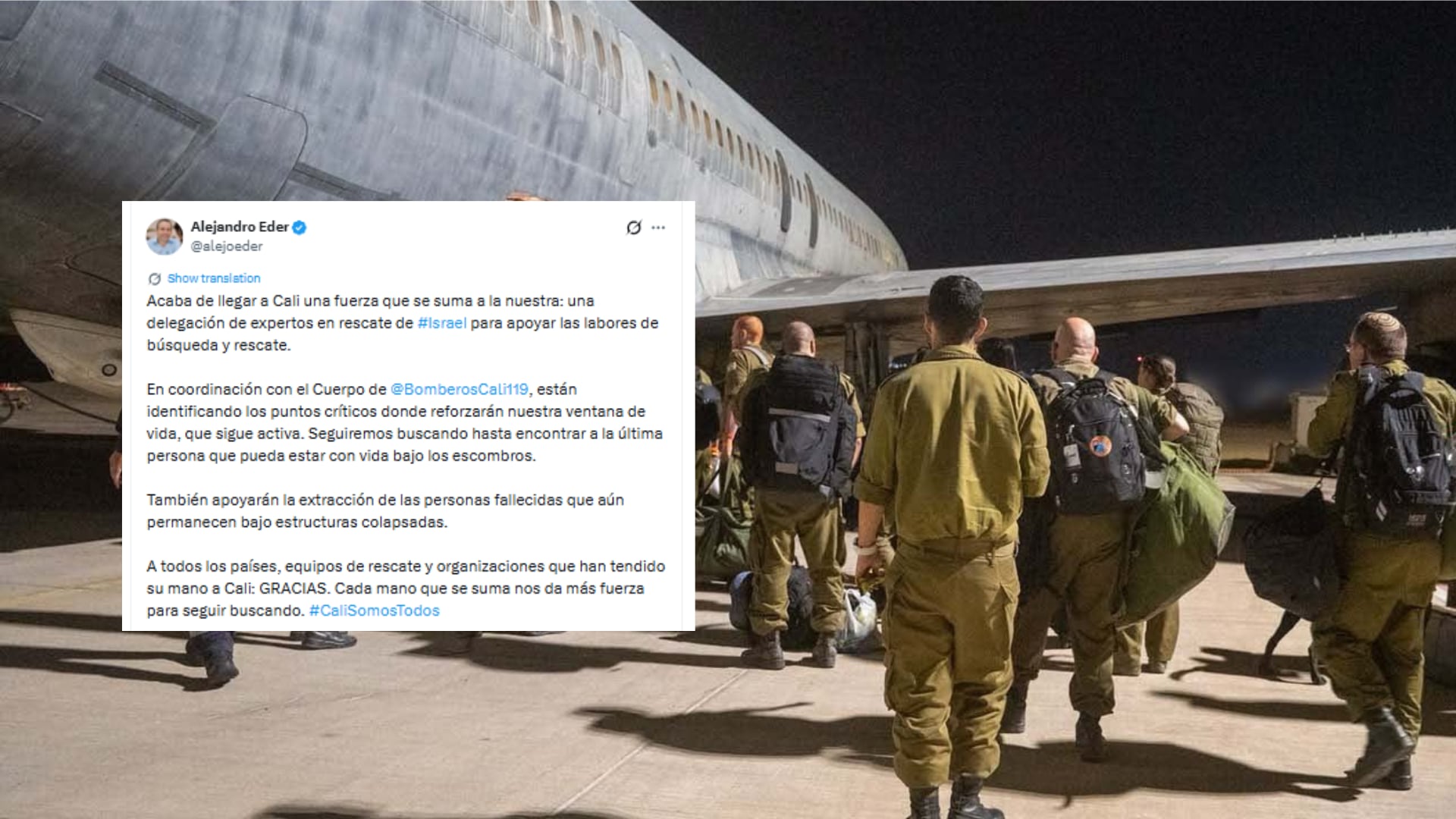 Este es el mensaje que mandó el alcalde de Cali, Alejandro Eder, a la delegación israelí - crédito Alejandro Eder - @IDF/X
