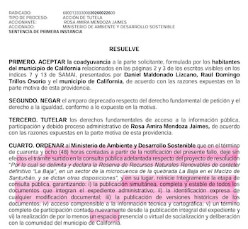 Un fallo de primera instancia ordenó al Ministerior de Ambiente repetir la etapa de consulta pública que antecedió a la emisión de la Resolución 0994 de 2026 - crédito @ComiteSanturban/X
