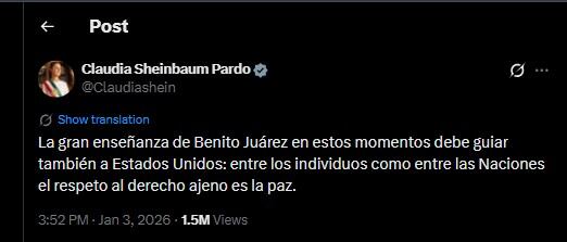 Presidenta de México hizo un mensaje en su cuenta de X después de la captura de Nicolás Maduro - crédito @Claudiashein