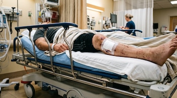 Un hombre acostado en una camilla con vendaje y marcas en la pierna, cubierto por una manta blanca en una sala de hospital.