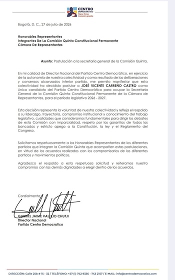 Carta mediante la cual el Centro Democrático oficializó la postulación de José Vicente Carreño ante la Comisión Quinta de la Cámara de Representantes. - crédito Centro Democrático