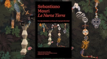Portada de un libro con texto rojo y negro junto a una ilustración de follaje verde, tótems y máscaras tradicionales.