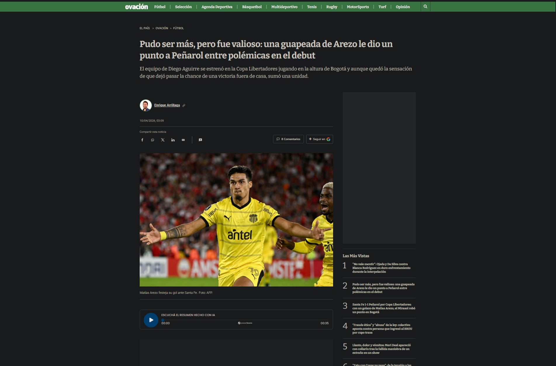 El gol de Matías Arezzo fue resaltado por la prensa de dicho país de la siguiente forma-crédito Ovación El País de Uruguay