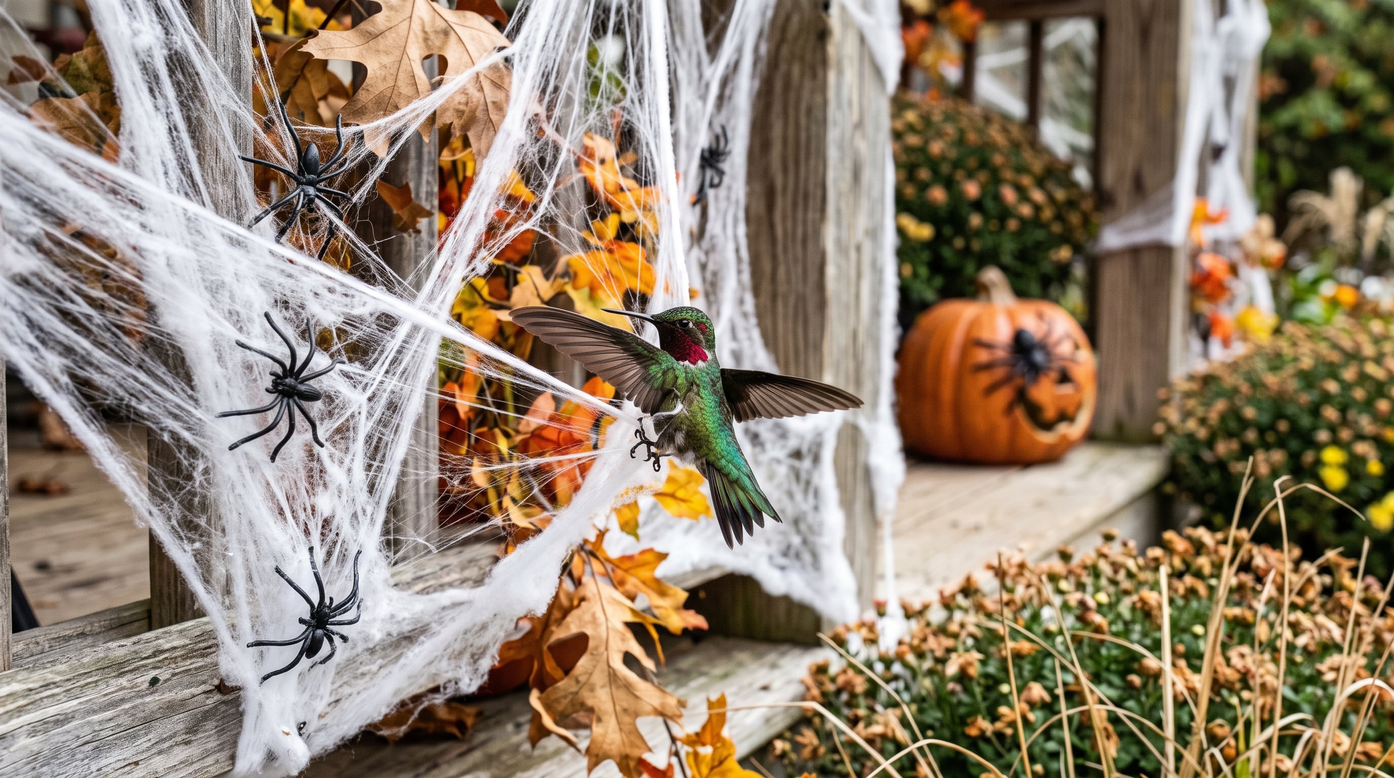 Un colibrí intenta liberarse de una telaraña de fibra sintética colocada como decoración de Halloween en el porche de una vivienda. (Imagen Ilustrativa Infobae)
