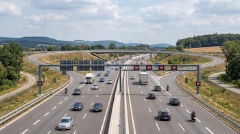 Autopista de varios carriles con coches, camiones y motos, un paso elevado, rampas de salida y señales electrónicas de límite de velocidad.
