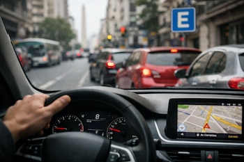 Mano de conductor en volante, tablero de auto, pantalla de navegación, calle con vehículos, señal de estacionamiento y Obelisco al fondo.