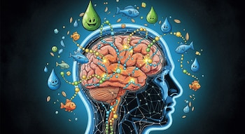Ilustración de un cerebro de perfil con redes neuronales y cadenas de bolitas de colores. Gotas sonrientes, peces y semillas flotan alrededor.