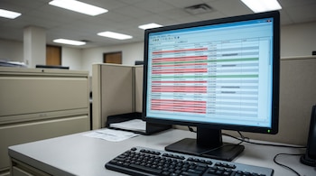 Un monitor de computadora exhibe una base de datos con filas de nombres y fechas en rojo tachadas, verdes activas y grises desactivadas. Un teclado sobre un escritorio.