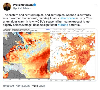 Tuit sobre el informe de CSU respecto de la temporada de huracanes 2023 en Miami y el Atlántico