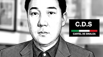 Retrato hedcut en blanco y negro de Zhenli Ye Gon, empresario chino-mexicano, con saco oscuro y camisa negra. A la derecha, logo del Cártel de Sinaloa con letras blancas C.D.S y la bandera de México.
