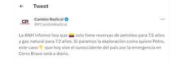 Tuit de Cambio Radical, partido que lidera el exvicepresidente Germán Vargas Lleras.