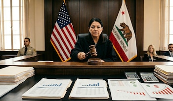 Una jueza con túnica negra sostiene un mazo en un estrado de madera. Detrás, banderas de Estados Unidos y California. Sobre el estrado, documentos y calculadoras