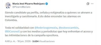La senadora María José Pizarro manifestó su preocupación por los señalamientos contra periodistas que investigan a actores políticos de oposición - crédito @PizarroMariaJo/X