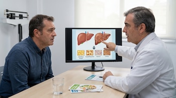 Un médico señala en una pantalla las etapas de la enfermedad del hígado graso a un paciente, mostrando desde el hígado sano hasta la cirrosis.