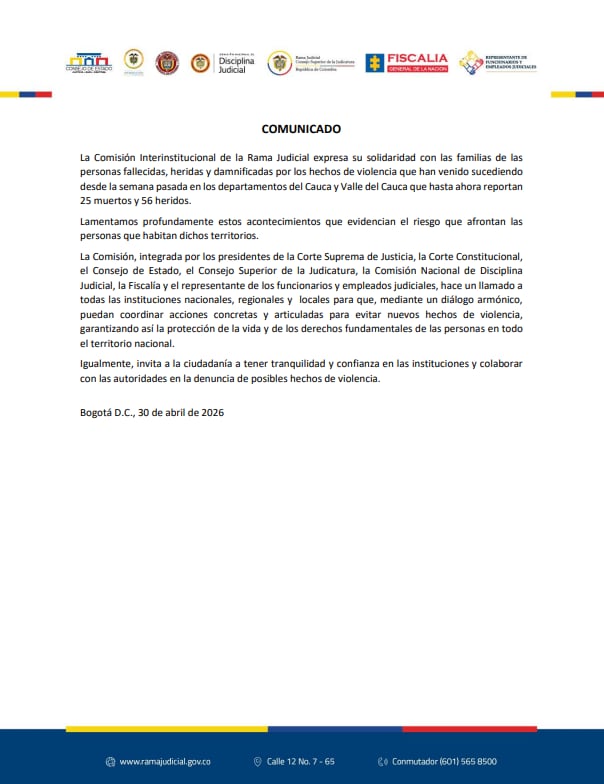 La Rama Judicial solicitó a la ciudadanía confiar en las instituciones y colaborar con las autoridades mediante la denuncia de posibles hechos violentos - crédito Rama Judicial