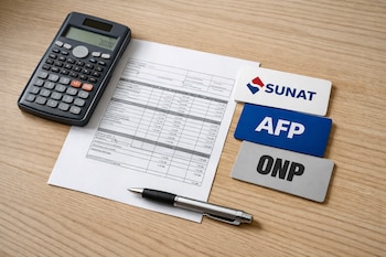 Una calculadora, una boleta de pago, un bolígrafo y tres tarjetas con logos de SUNAT, AFP y ONP sobre un escritorio de madera.