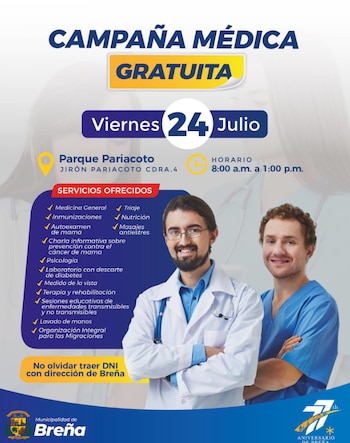 La jornada reunirá servicios médicos, preventivos y educativos en un solo punto de atención - Créditos: Municipalidad de Breña.