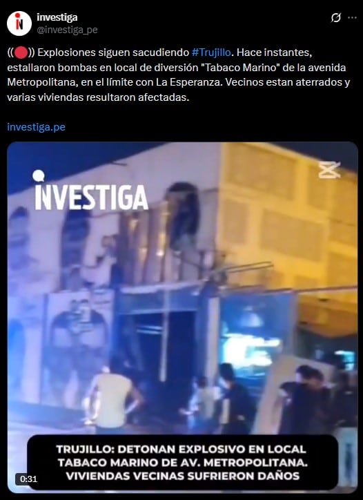 Explosión sacude Trujillo: viviendas afectadas tras detonación en local Tabaco Marino. Infobae Perú / Captura: X.