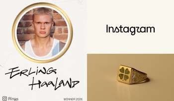 Fotografía circular de Erling Haaland, su nombre en texto negro, la palabra Instagram y un anillo dorado con un trébol verde