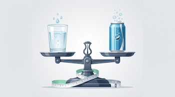 Una balanza gris sostiene un vaso transparente con agua a la izquierda y una lata azul a la derecha, rodeada por una cinta métrica.
