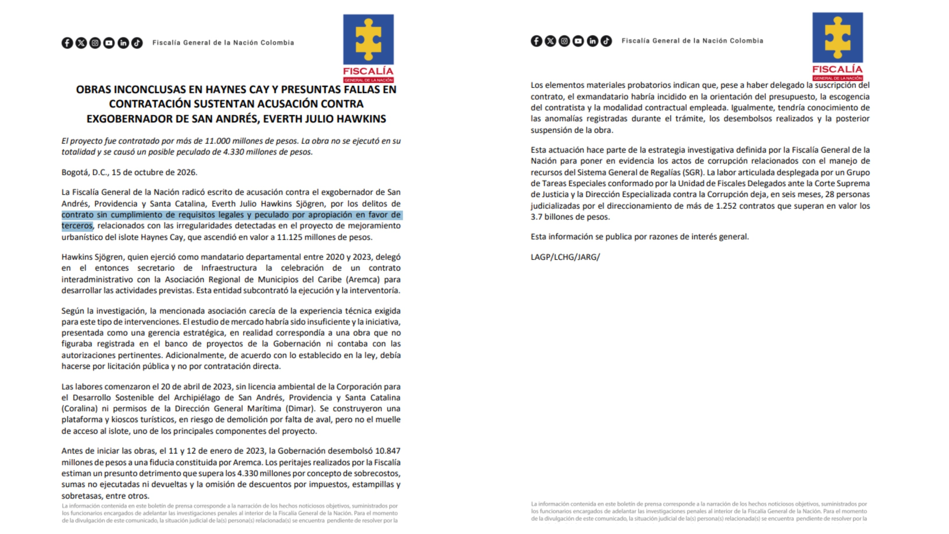 Este es el comunicado de la Fiscalía sobre la acusación contra el exgobernador Everth Hawkins - crédito Fiscalía