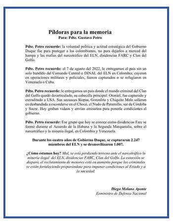 Molano le responde a Petro que señaló al gobierno Duque de entregar el país a la violencia