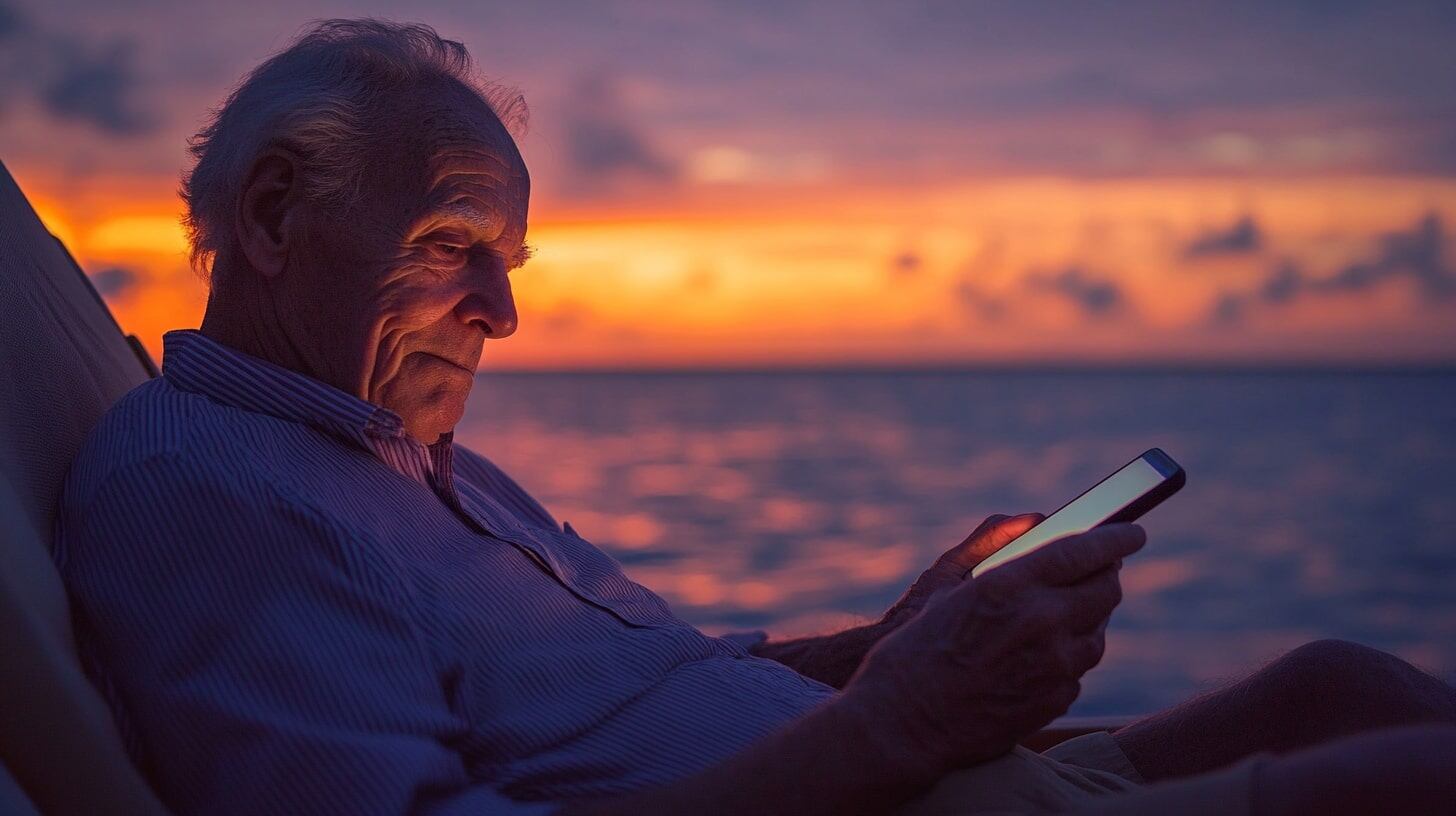 Anciano sonriente frente al mar mientras mira su teléfono móvil, disfrutando de un hermoso atardecer sobre el océano. - (Imagen Ilustrativa Infobae)