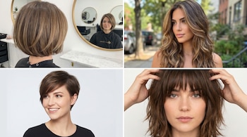 Cuatro mujeres exhiben diversos cortes de cabello: un bob, ondas largas con reflejos, un pixie asimétrico y un shaggy con flequillo.