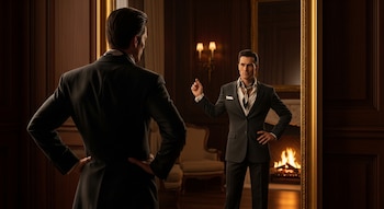 Hombre de traje oscuro de espaldas mirando un espejo dorado. Su reflejo posa con la mano levantada. El fondo es un salón elegante con chimenea encendida.