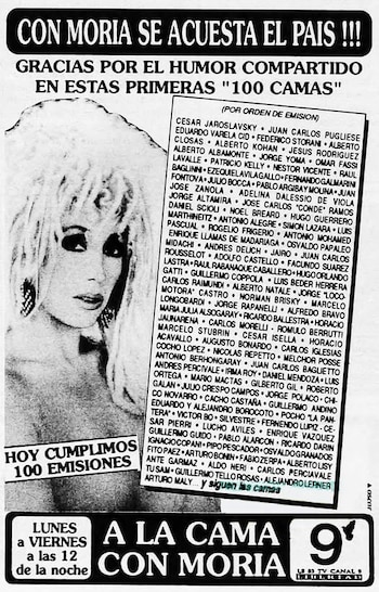 Un cartel publicitario en blanco y negro muestra el rostro de Moria Casán, títulos del programa, un listado de nombres y el logo de Canal 9