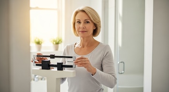Una mujer rubia de mediana edad, con una camiseta gris de manga larga, mira directamente a la cámara mientras ajusta una balanza de columna en un baño.