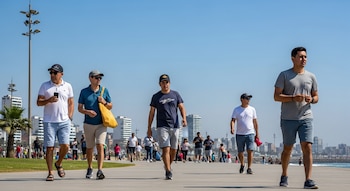 Cinco hombres caminan por un malecón soleado con ropa de verano; al fondo, más personas, edificios de la ciudad y el océano visible a la derecha.