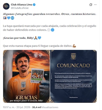 Post de Alianza Lima despidiendo a Guillermo Vizcarra - crédito Alianza Lima