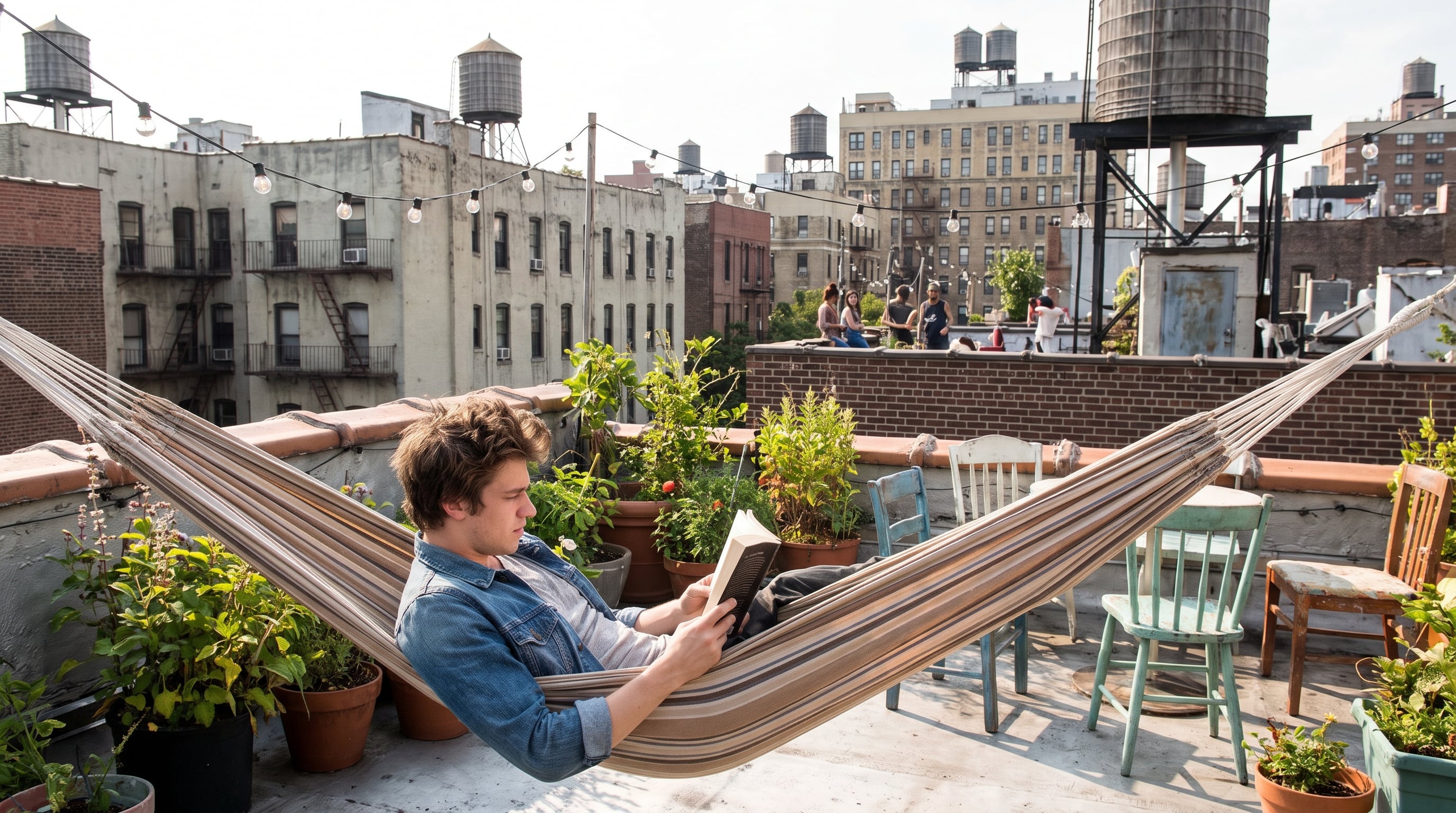 Un joven lee un libro en una hamaca en la azotea de un edificio mientras un grupo de amigos se reúne en segundo plano. (Imagen Ilustrativa Infobae)