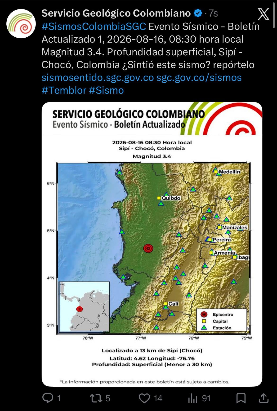 El sismo se presentó a las 8:30 a. m. en el departamento de Chocó, municipio de Sipí - crédito @sgcol/X