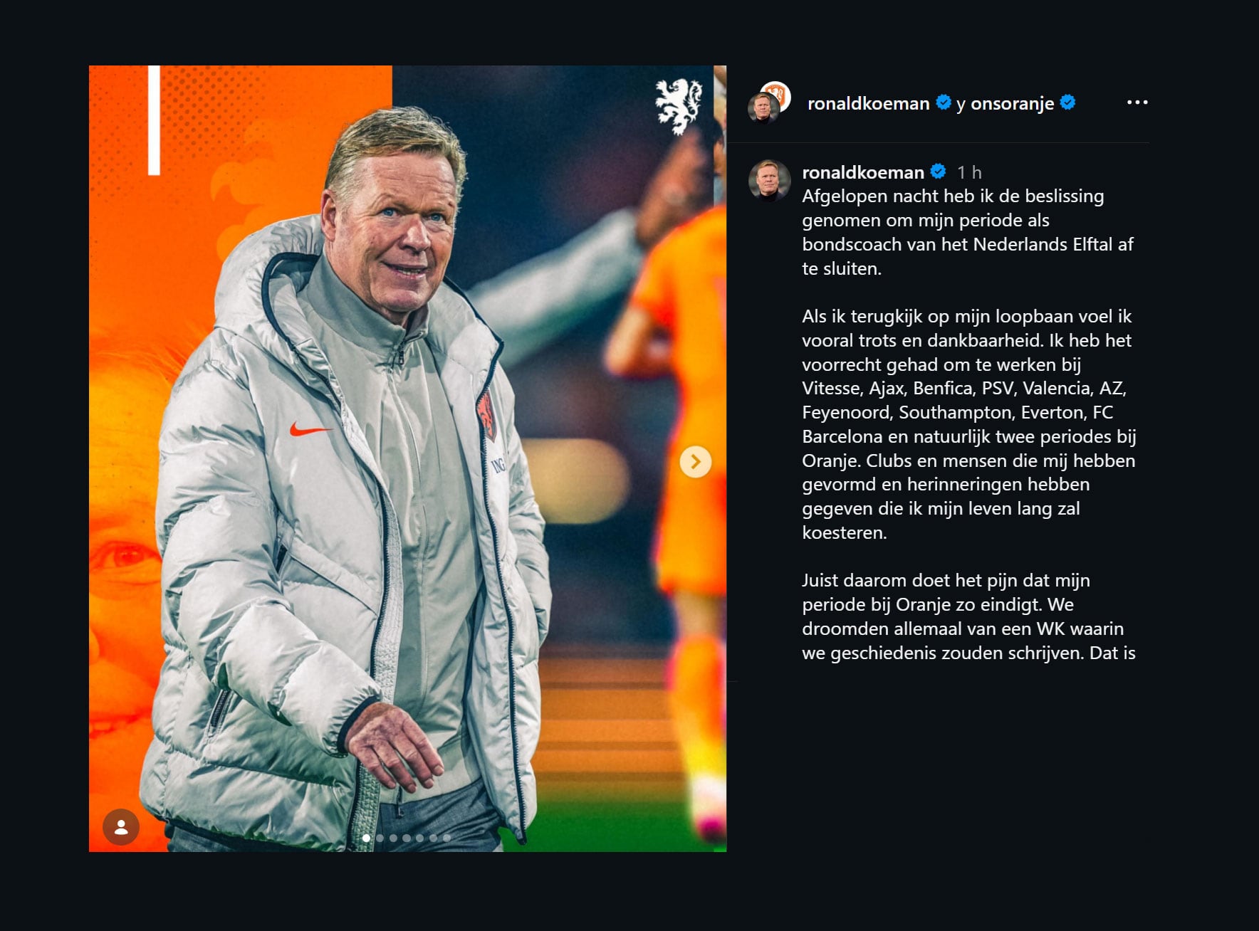 El posteo de Ronald Koeman en el que informó su renuncia (@ronaldkoeman)