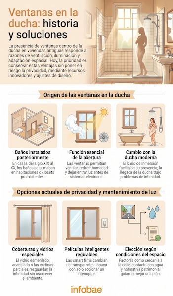 Infografía con ilustraciones sobre el origen de ventanas en duchas de viviendas antiguas y opciones actuales para proteger la privacidad.