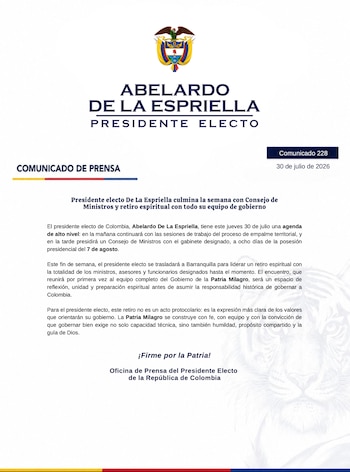 El equipo del presidente electo informó que el retiro espiritual reunirá a ministros, asesores y funcionarios designados como un espacio de reflexión, unidad y preparación antes del inicio del nuevo gobierno - crédito Defensores de la Patria/X