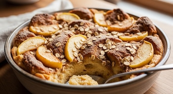 Budín de pan con rodajas de manzana y avena esparcida en una fuente redonda de cerámica sobre una mesa de madera, con una cuchara sirviendo una porción.