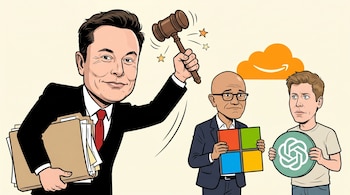 Caricatura de Elon Musk con traje, mazo y expediente judicial irrumpiendo entre Satya Nadella con logo de Microsoft y Sam Altman con logo de OpenAI.