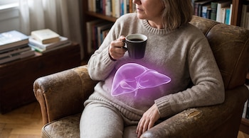 Mujer sentada en un sillón con una taza de café negro en la mano, su hígado se muestra resaltado en color morado sobre su torso. Fondo de estantería con libros.